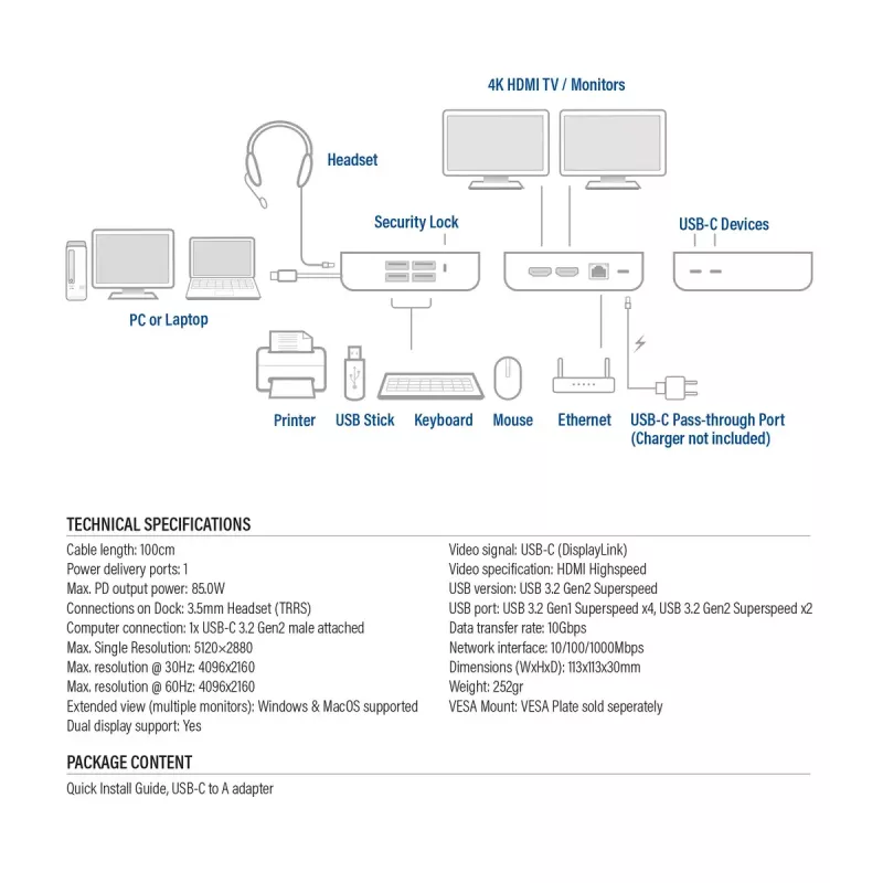 ACT Uniwersalna stacja dokująca USB-C 4K, dla 2 monitorów HDMI/DisplayPort, DisplayLink, kompaktowa konstrukcja