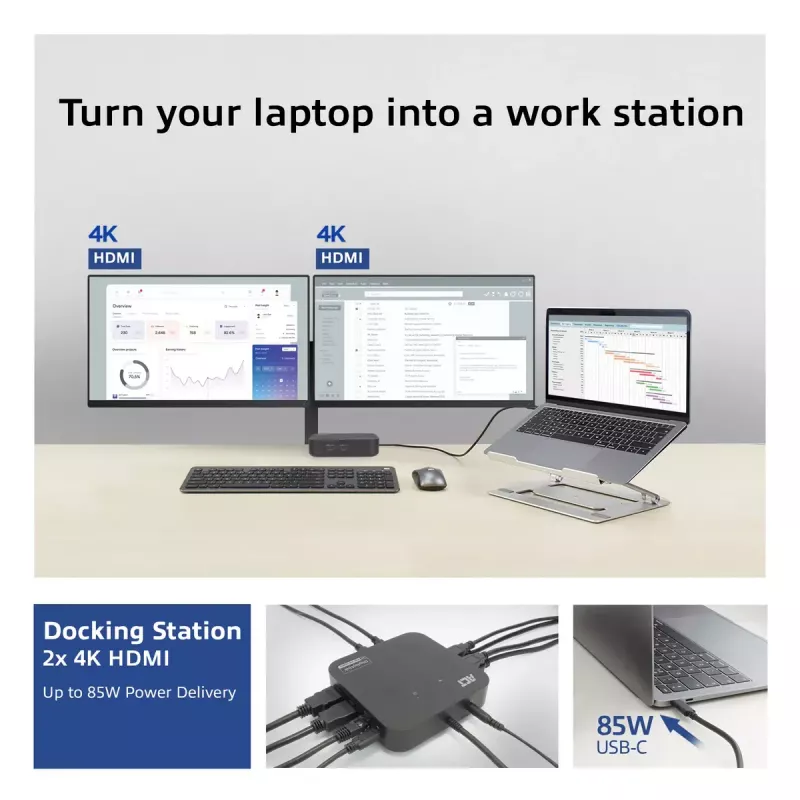 ACT Uniwersalna stacja dokująca USB-C 4K, dla 2 monitorów HDMI/DisplayPort, DisplayLink, kompaktowa konstrukcja