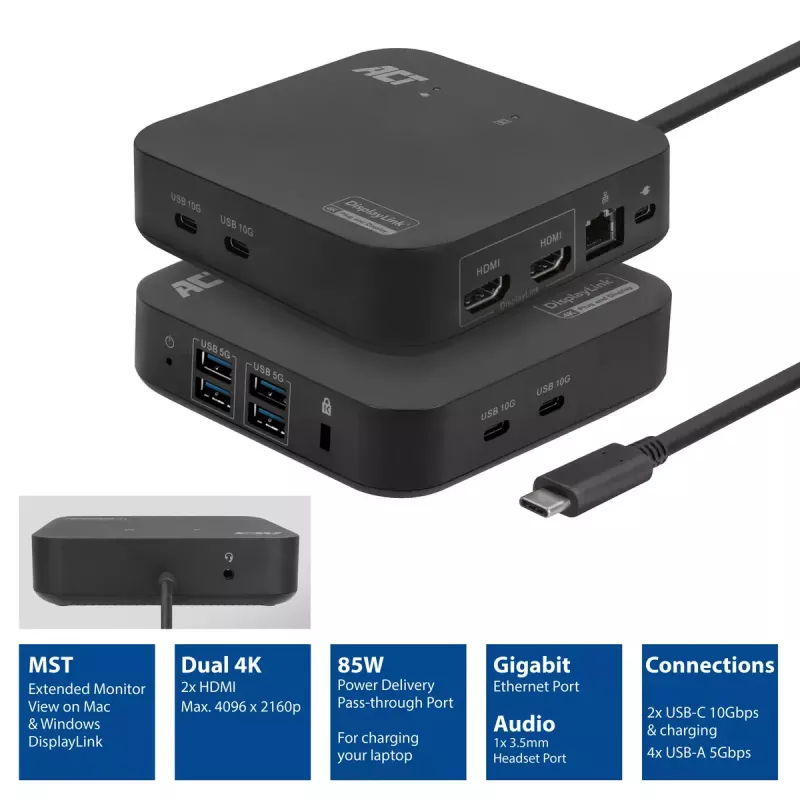 ACT Uniwersalna stacja dokująca USB-C 4K, dla 2 monitorów HDMI/DisplayPort, DisplayLink, kompaktowa konstrukcja
