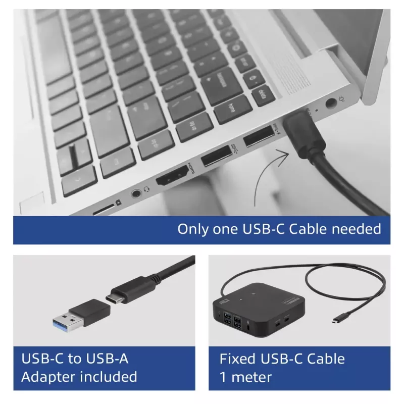 ACT Uniwersalna stacja dokująca USB-C 4K, dla 2 monitorów HDMI/DisplayPort, DisplayLink, kompaktowa konstrukcja