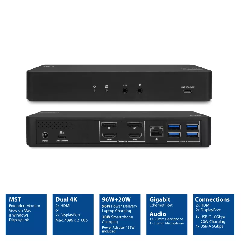 Stacja dokująca ACT USB-C 4K, dla 2 monitorów HDMI lub DisplayPort, DisplayLink