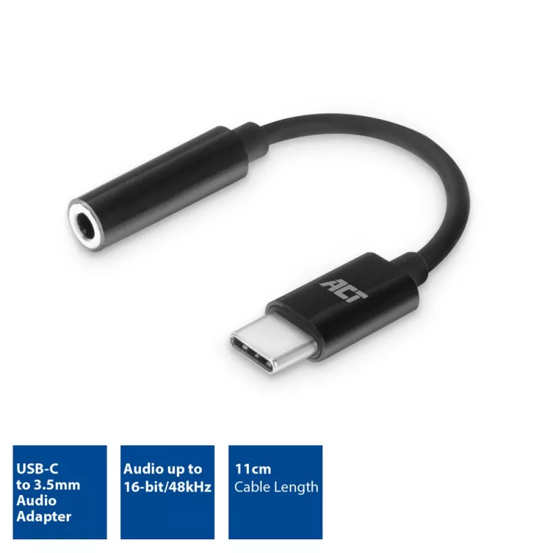 Kabel audio ACT AC7380 0,11m 3,5mm żeński USB Type-C męski czarny