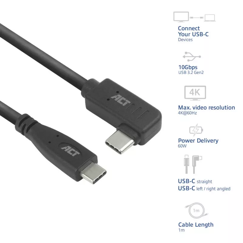 Przewód kątowy ACT USB 3.0 USB-C 1 metr 5 Gbit/s czarny