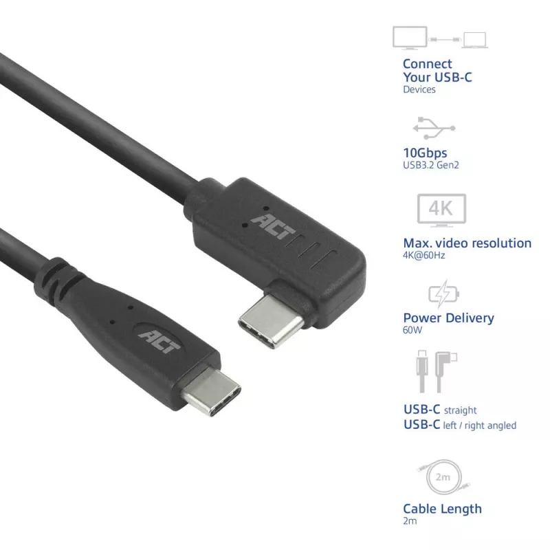 ACT USB 3.0 kątowy kabel USB-C 2 metry 5 Gbit/s Czarny