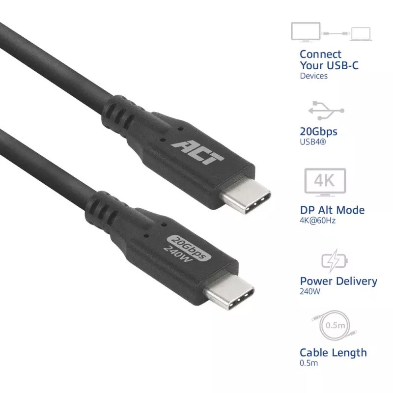 ACT USB4 20Gbps 240W USB Type-C kabel 0.5m Czarny