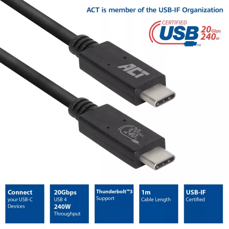 Przewód ACT USB4® 20 Gb/s, USB-C, certyfikowany USB-IF, 1 metr