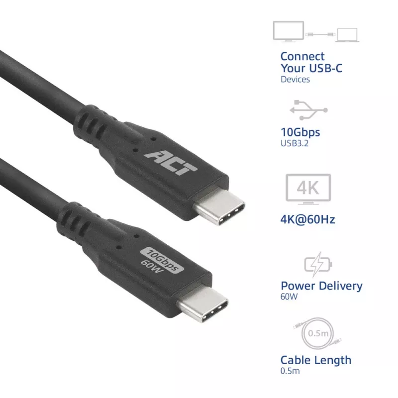 Kabel ACT USB 3.0 10Gbps 60W USB Type-C 0,5 m czarny