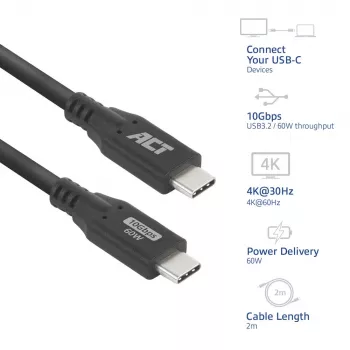 Kabel USB typu C ACT AC7442 2 m 10 Gb/s 60 W czarny
