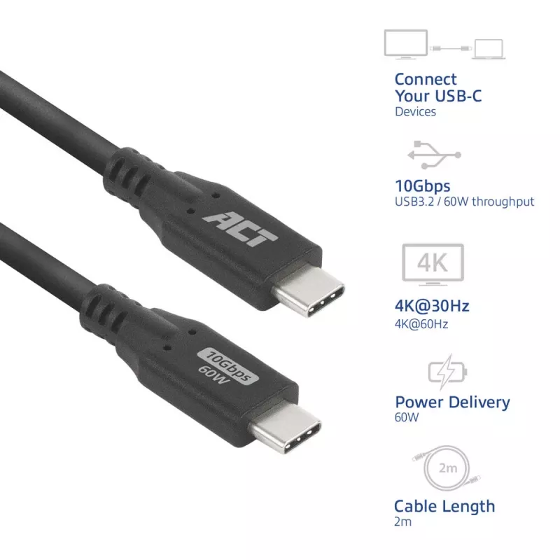 Kabel USB typu C ACT AC7442 2 m 10 Gb/s 60 W czarny