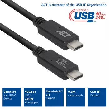 Przewód ACT USB4® 40 Gb/s 240 W USB Type-C®, certyfikowany USB-IF, 0,8 m