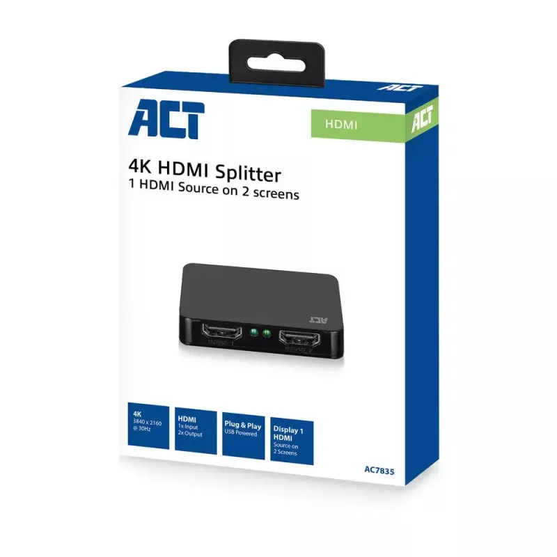 ACT 4K HDMI 1.4 splitter 2 porty 3840 x 2160 pikseli Czarny