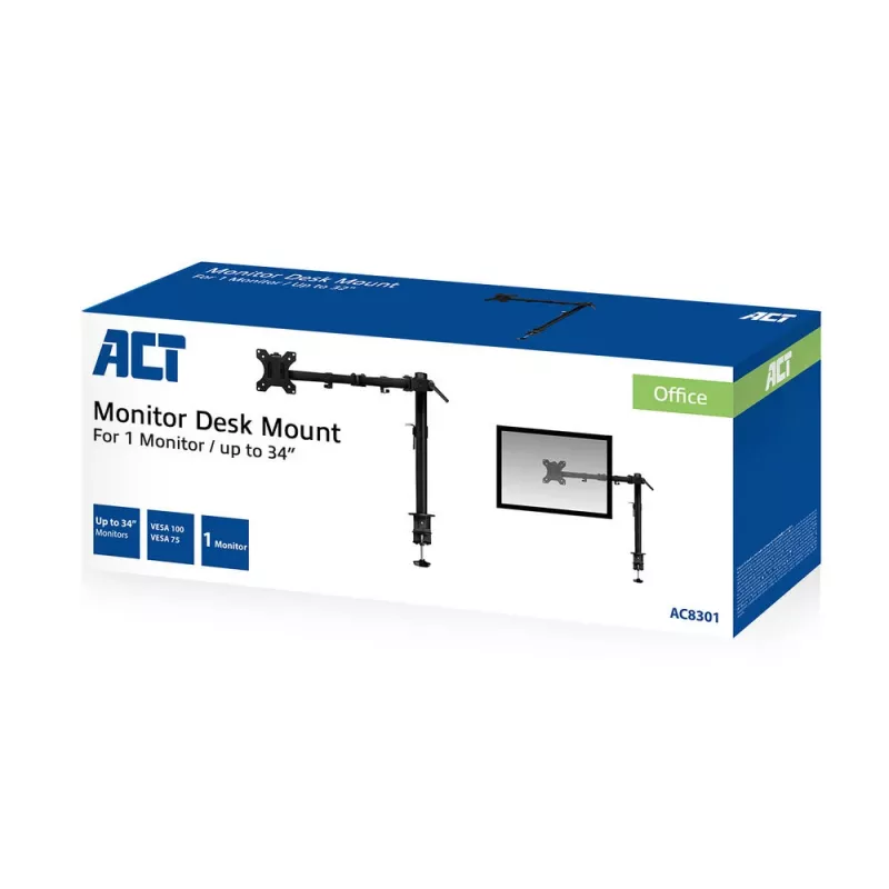 Pojedynczy uchwyt do monitora ACT AC8301 – zacisk / przelotowy, 8 kg, 10–32 cali