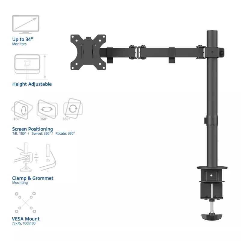 Pojedynczy uchwyt do monitora ACT AC8301 – zacisk / przelotowy, 8 kg, 10–32 cali