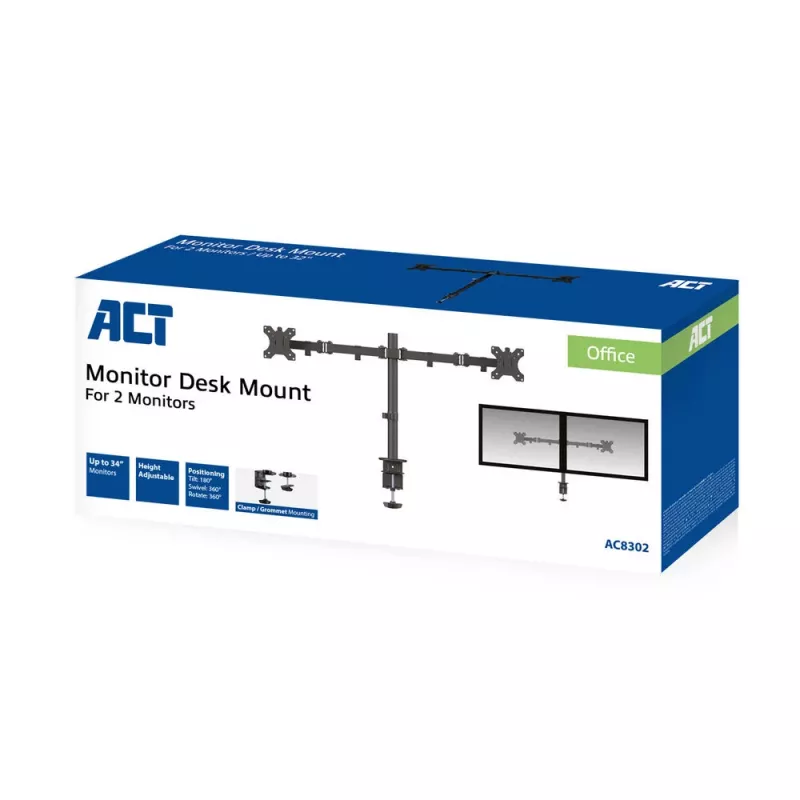Podwójne ramię monitorowe ACT AC8302 z mocowaniem zaciskowym/przelotowym, 16 kg, 10-32 cali
