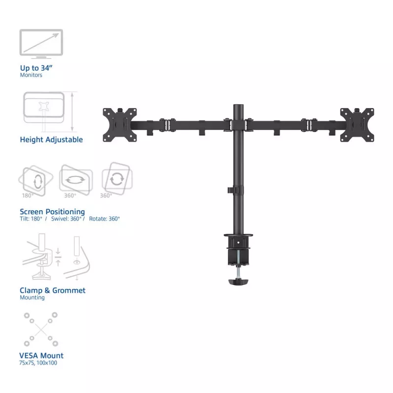 Podwójne ramię monitorowe ACT AC8302 z mocowaniem zaciskowym/przelotowym, 16 kg, 10-32 cali