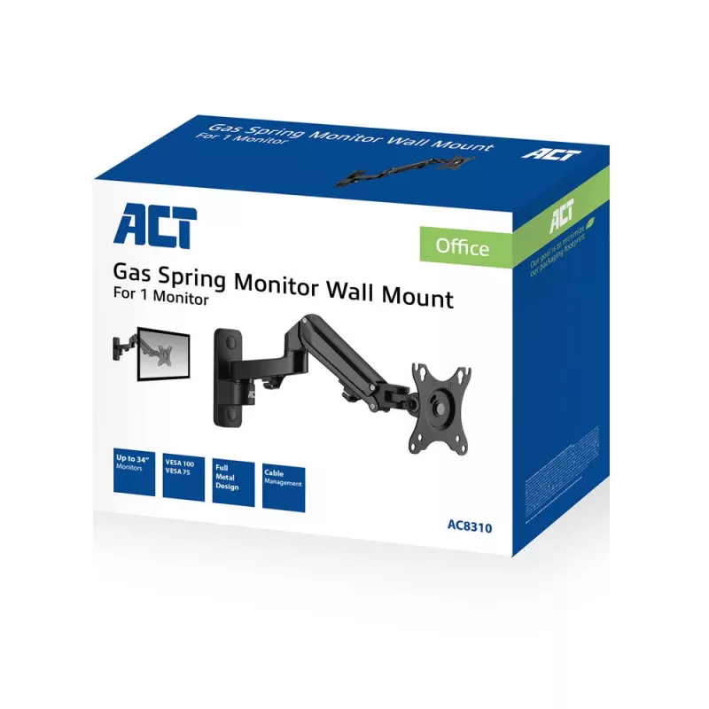 Uchwyt ścienny ACT do monitora ze sprężyną gazową, 1 ekran, max. 7 kg