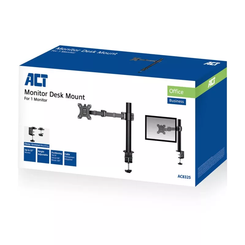 ACT Pojedyncze ramię do monitora biurowe solidne pro Zacisk/przelotowe 12 kg 10-32 cali