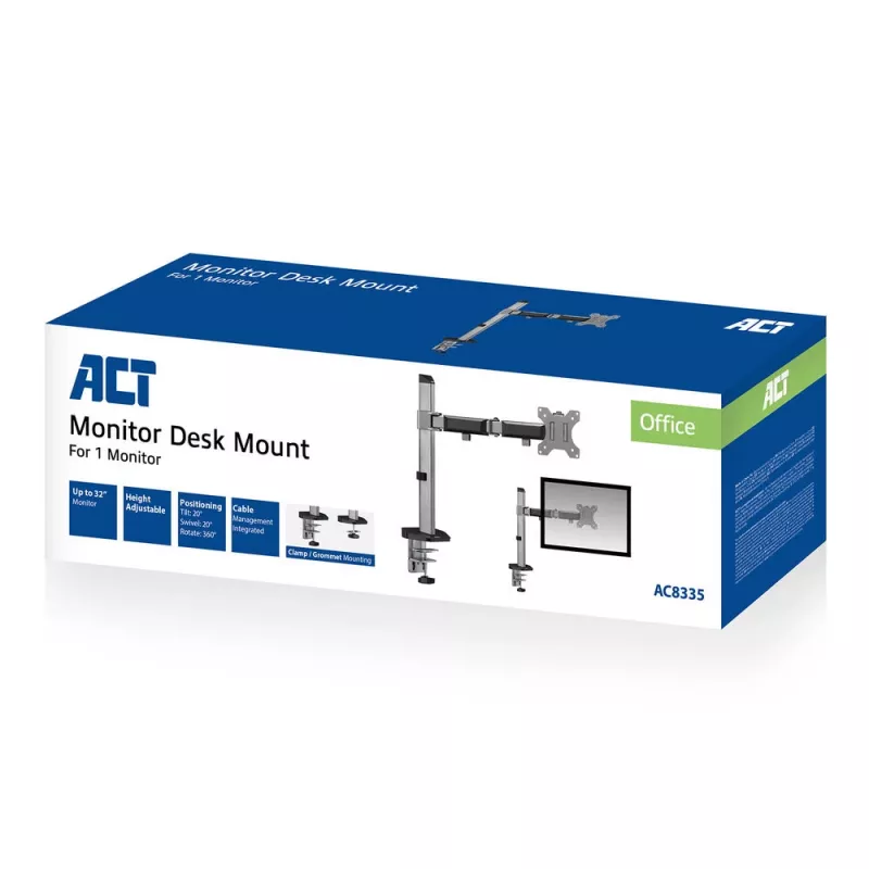 Uchwyt biurkowy ACT na jeden monitor, srebrny, zacisk/przelotowy, 9 kg, 17-32 cale