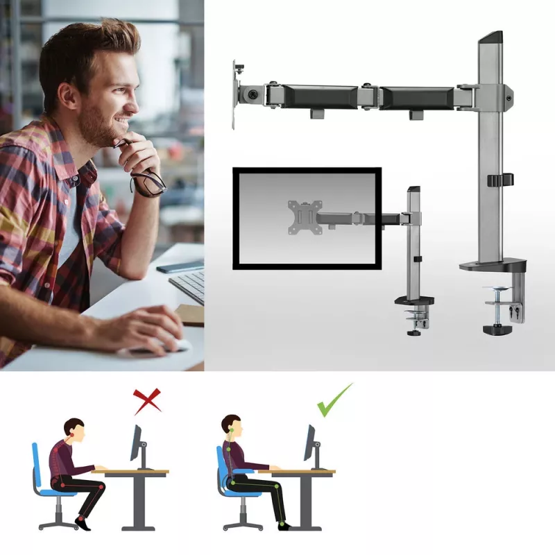 Uchwyt biurkowy ACT na jeden monitor, srebrny, zacisk/przelotowy, 9 kg, 17-32 cale