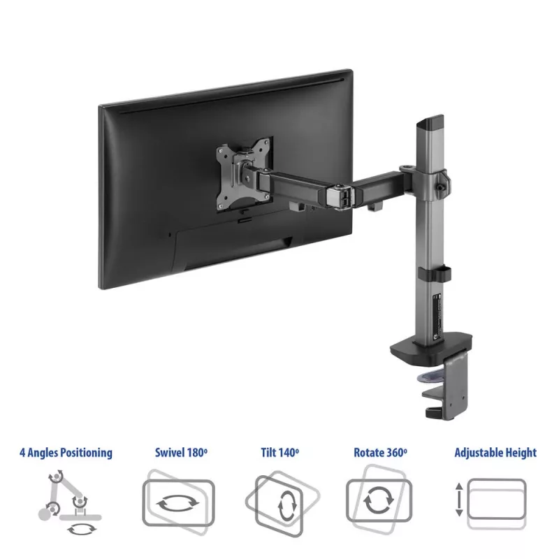 Uchwyt biurkowy ACT na jeden monitor, srebrny, zacisk/przelotowy, 9 kg, 17-32 cale
