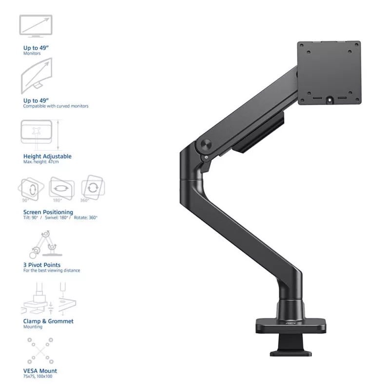 Uchwyt do monitora ACT 49 cali, biurowy, premium, sprężyna gazowa, 1 monitor, zacisk/przelotka, 20 kg
