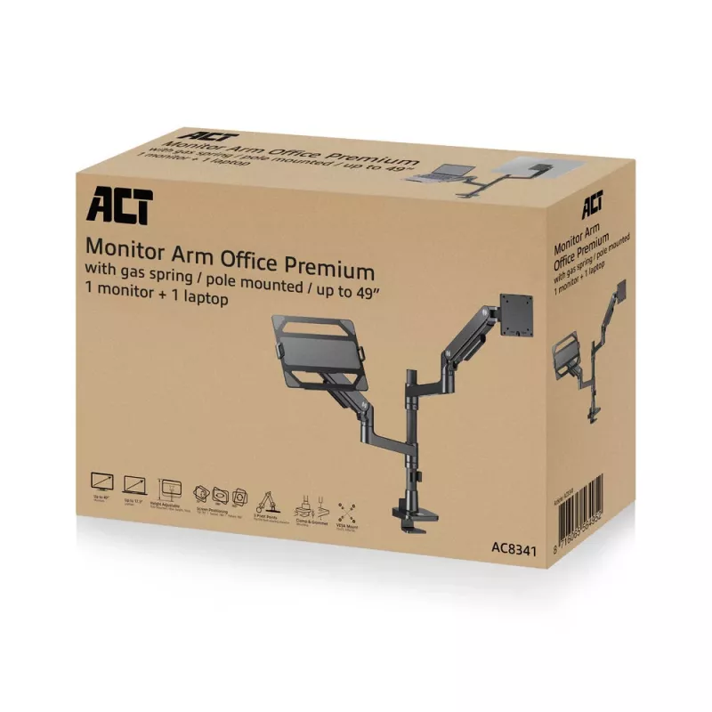Laptop & monitor arm ACT AC8341 gas spring Czarny 49 inch
