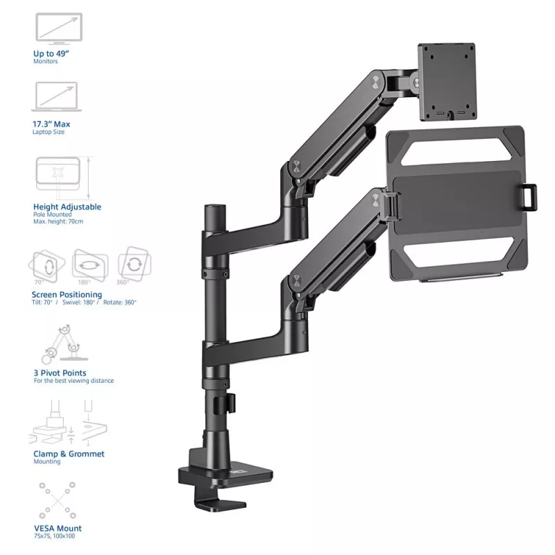Laptop & monitor arm ACT AC8341 gas spring Czarny 49 inch