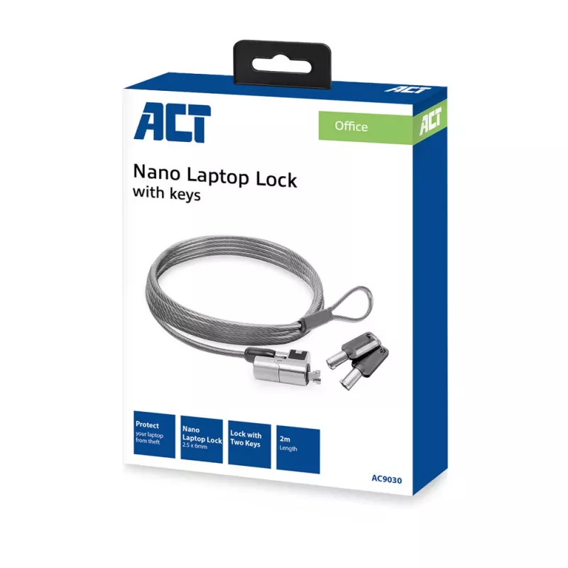 Blokada laptopa ACT AC9030 Metaliczna Okrągły klucz Kabel 2 m