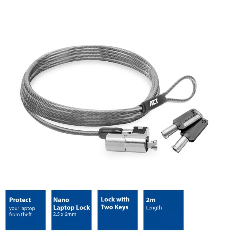 Blokada laptopa ACT AC9030 Metaliczna Okrągły klucz Kabel 2 m