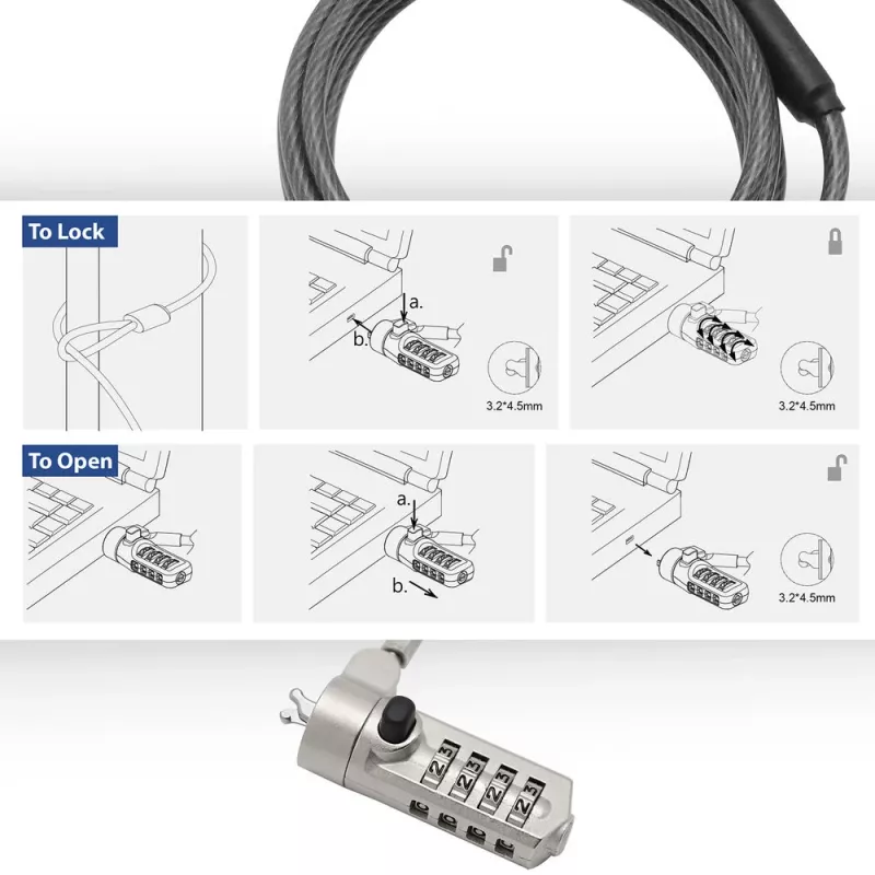 ACT Wedge Laptop Lock z zamkiem szyfrowym, metaliczny, kabel 2 m
