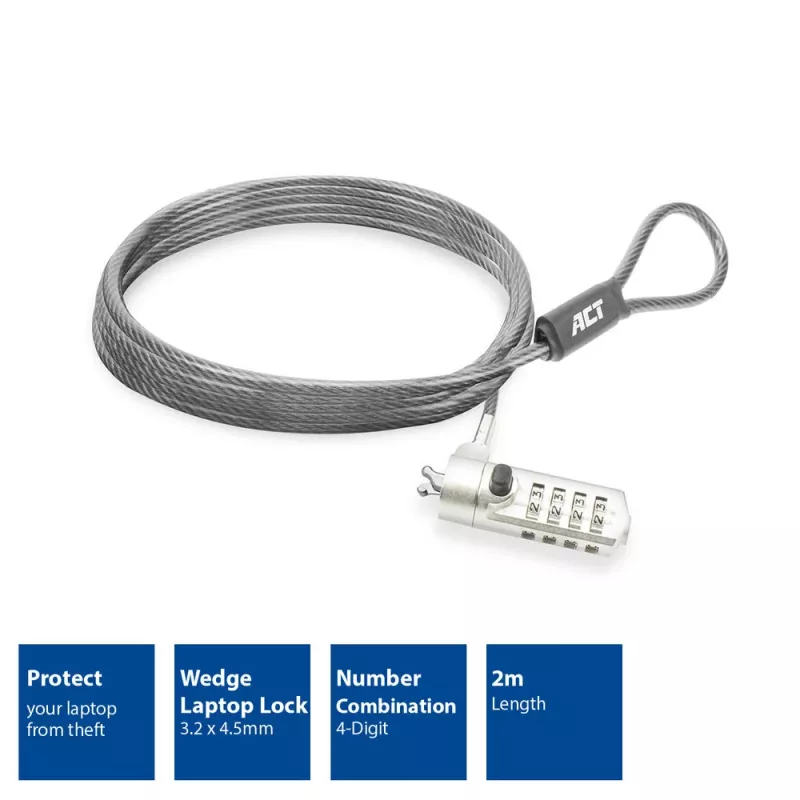 ACT Wedge Laptop Lock z zamkiem szyfrowym, metaliczny, kabel 2 m