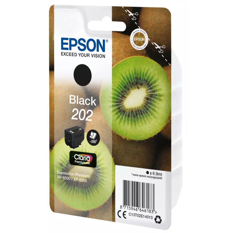 Epson Kiwi Singlepack Czarny 202 Claria Premium Ink, standardowa wydajność, czarny, atrament pigmentowy, 6,9 ml, 1 szt., 250 stron