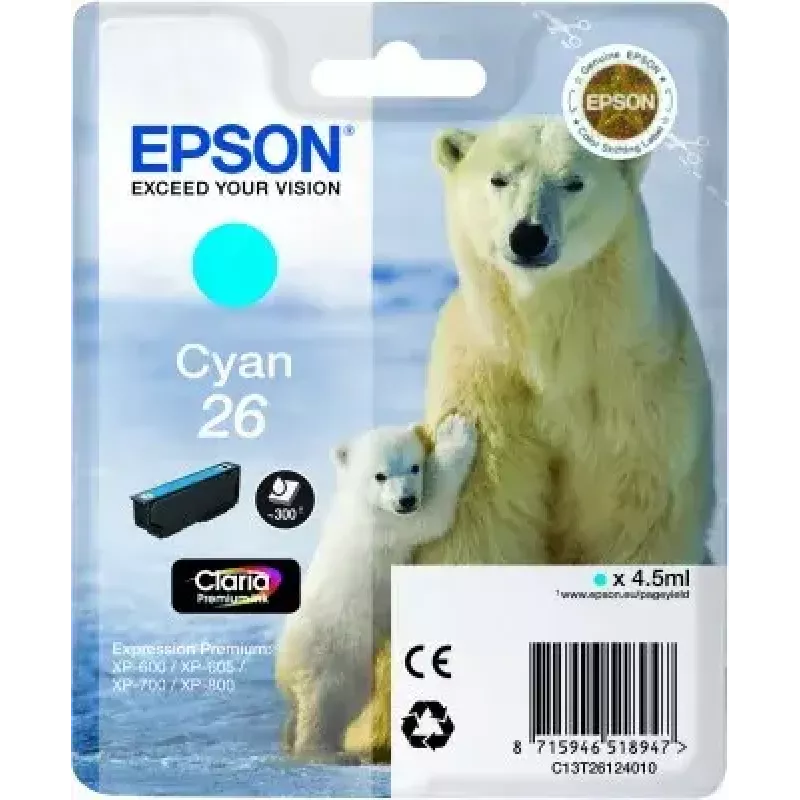 Wkład atramentowy Epson C13T26124010 Singlepack cyjan 26 Claria Premium — cyjan, 1 szt.