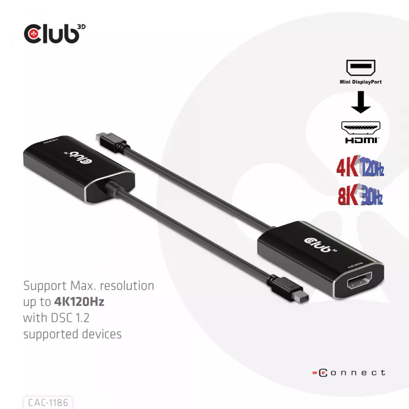 CLUB3D Mini DisplayPort 1.4 na HDMI 4K120Hz z DSC1.2 Aktywny Adapter M/F