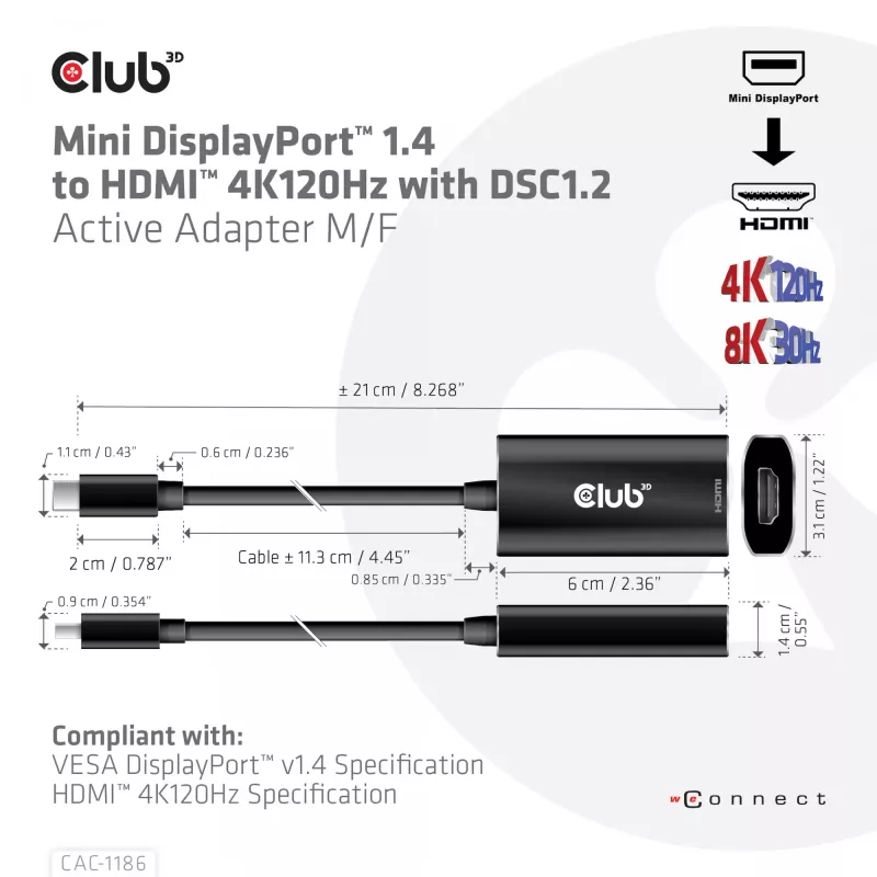 CLUB3D Mini DisplayPort 1.4 na HDMI 4K120Hz z DSC1.2 Aktywny Adapter M/F