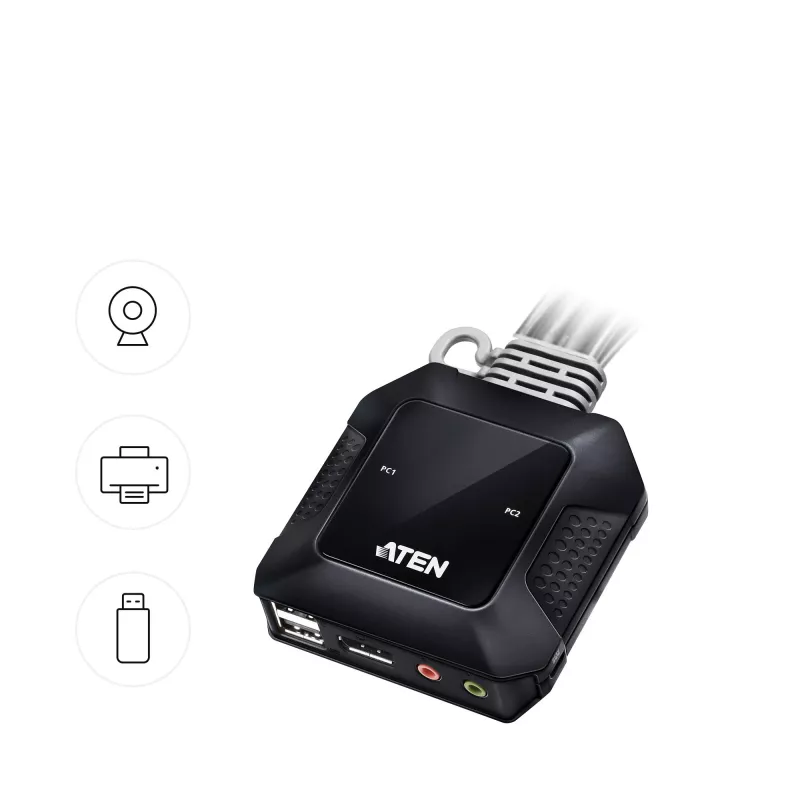 Przełącznik KVM ATEN 2-portowy USB-C DisplayPort Hybrid Cable, 4096 x 2160 pikseli, 4K Ultra HD, 0,74 W, czarny