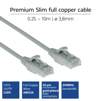 ACT szary 3 metry LSZH U/UTP CAT6 cienki kabel krosowy do centrum danych z bezpiecznymi wtykami RJ45