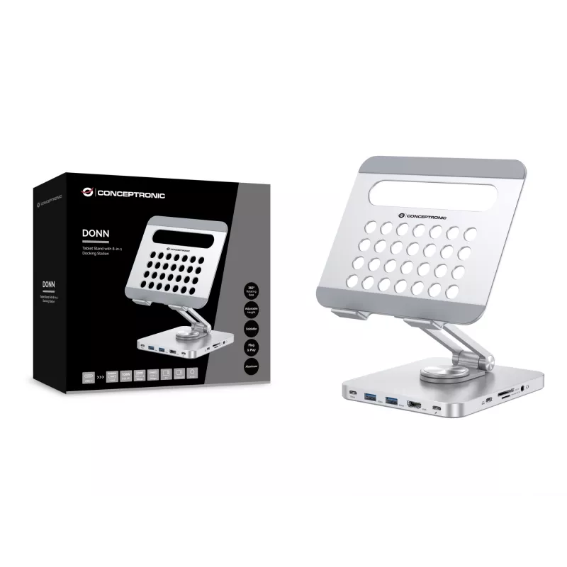 Conceptronic DONN26G, Srebrny, Tablet, Stojak multimedialny, Aluminium, 100 W, MicroSD (TransFlash), SD, SDHC, SDXC