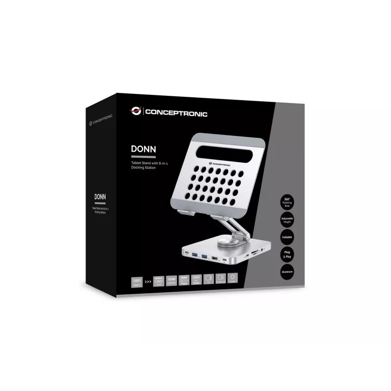 Conceptronic DONN26G, Srebrny, Tablet, Stojak multimedialny, Aluminium, 100 W, MicroSD (TransFlash), SD, SDHC, SDXC