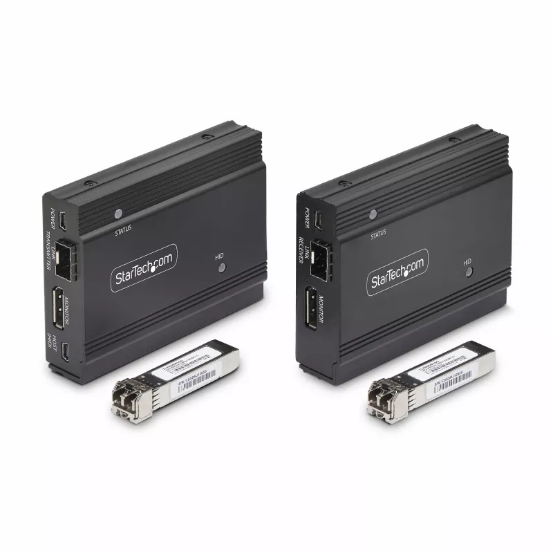 Przedłużacz KVM StarTech.com DisplayPort przez światłowód, 4K 60Hz, zestaw przedłużacza konsoli, do 300 m (wielomodowy) z preinstalowanymi modułami SFP+, 3x USB HID
