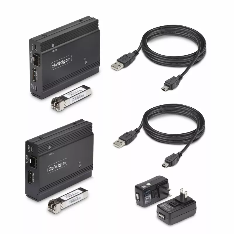 Przedłużacz KVM StarTech.com DisplayPort przez światłowód, 4K 60Hz, zestaw przedłużacza konsoli, do 300 m (wielomodowy) z preinstalowanymi modułami SFP+, 3x USB HID