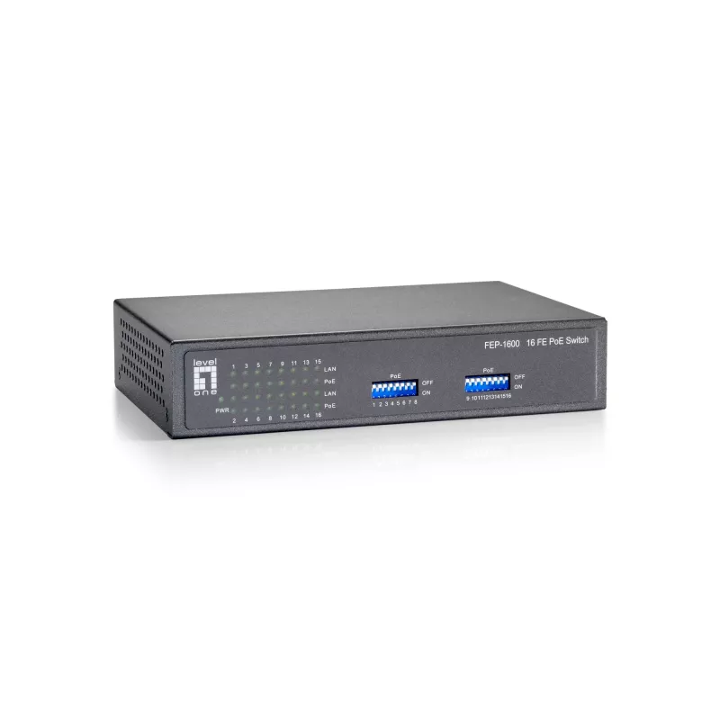 LevelOne 16-portowy przełącznik Fast Ethernet PoE, 90 W, Fast Ethernet (10/100), Full duplex, Power over Ethernet (PoE), Możliwość montażu na ścianie