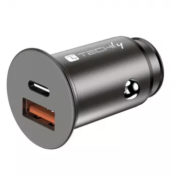Techly Mini ładowarka samochodowa USB-A i USB-C Quick Charge 3.0 38W w czarnym metalu