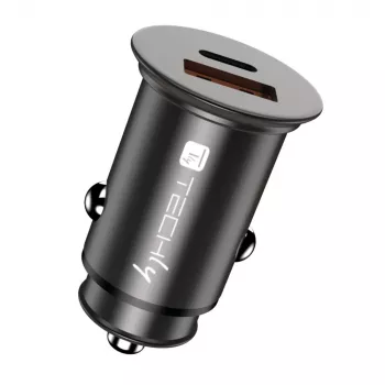Techly Mini ładowarka samochodowa USB-A i USB-C Quick Charge 3.0 38W w czarnym metalu