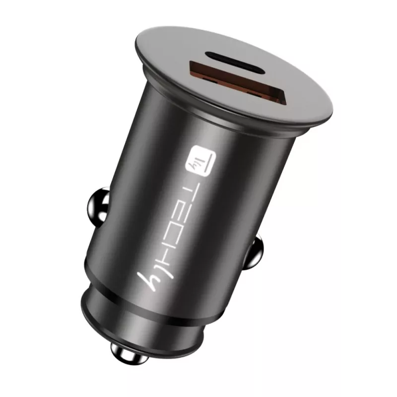 Techly Mini ładowarka samochodowa USB-A i USB-C Quick Charge 3.0 38W w czarnym metalu