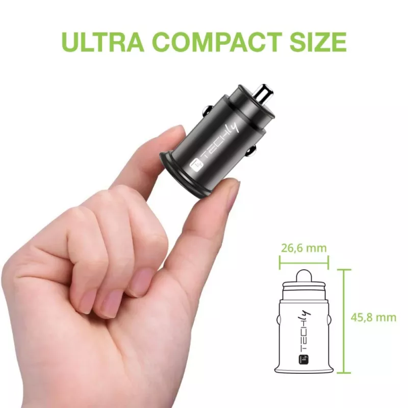 Techly Mini ładowarka samochodowa USB-A i USB-C Quick Charge 3.0 38W w czarnym metalu