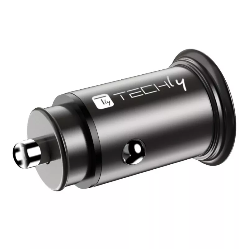 Techly Mini ładowarka samochodowa USB-A i USB-C Quick Charge 3.0 38W w czarnym metalu