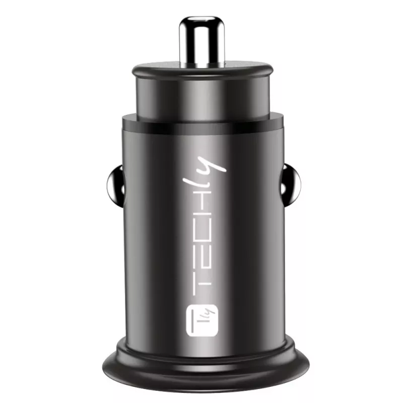 Techly Mini ładowarka samochodowa USB-A i USB-C Quick Charge 3.0 38W w czarnym metalu