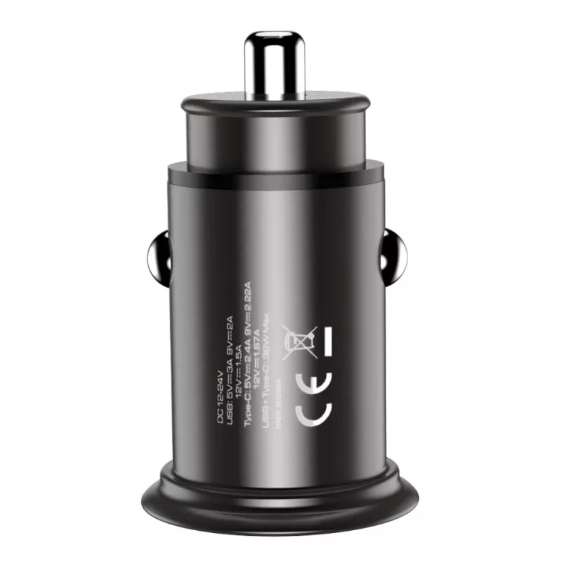 Techly Mini ładowarka samochodowa USB-A i USB-C Quick Charge 3.0 38W w czarnym metalu