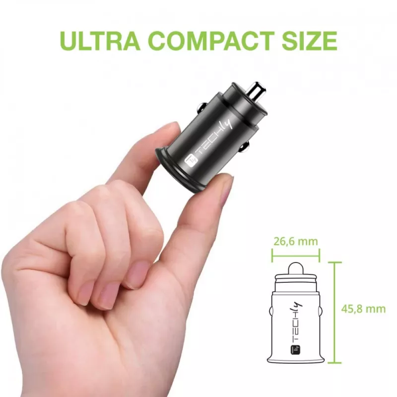 Techly Mini ładowarka samochodowa USB-A i USB-C Quick Charge 3.0 38W w czarnym metalu